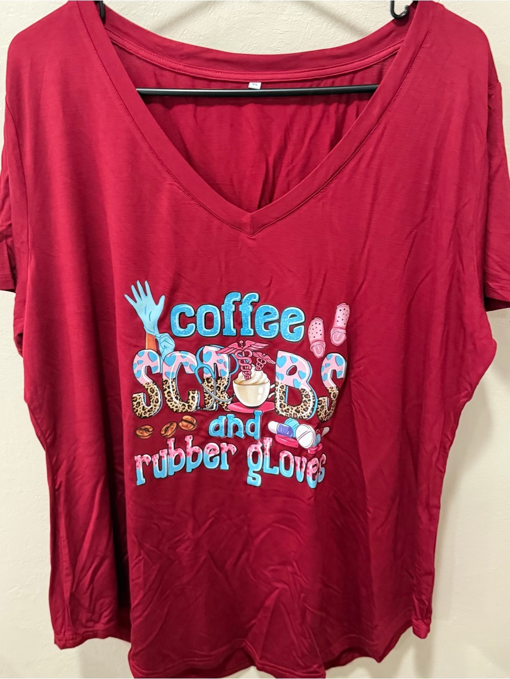 Coffee Scrubs and Rubber Gloves T-Shirt Sz XL New Red Too Short Sleeve Blouse